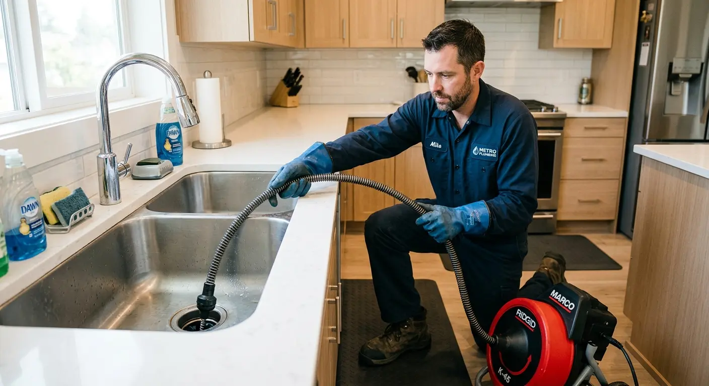 Drain cleaning technician using a motorized snake on a kitchen sink in Lowell