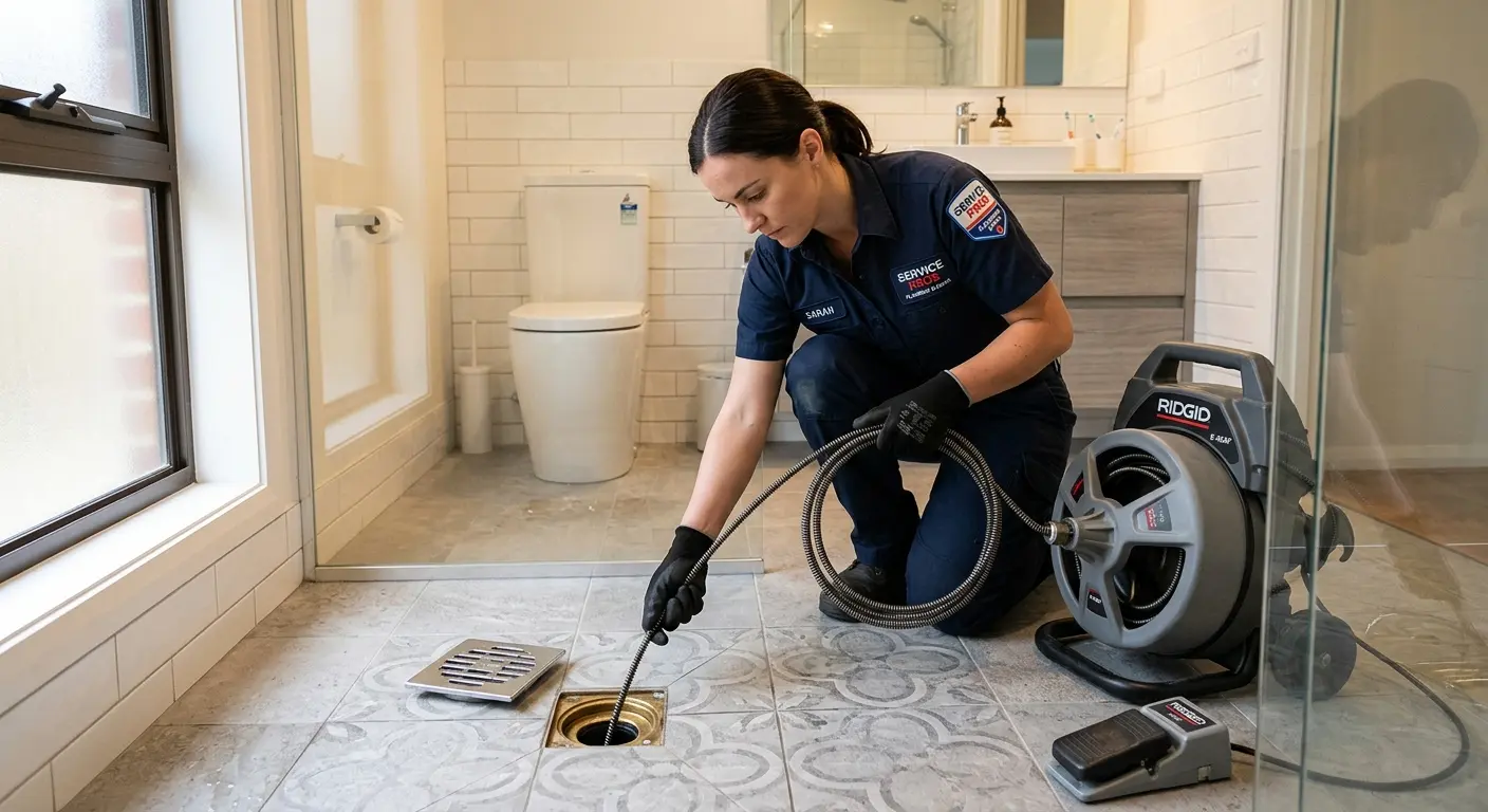 Technician clearing a bathroom floor drain for Drain Repair in Lowell